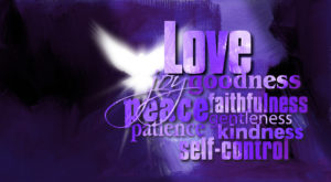Graphic composition of words and terms of the Christian concept of Fruit of the Spirit. Digital art composed with textured hand painted brushstrokes and bitmap illustration of adaove in flight.
